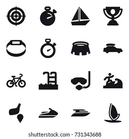 16 vector icon set : target, stopwatch, boat, trophy, smart bracelet, stadium, car baggage, bike, pool, diving mask, surfer, golf, jet ski, yacht, windsurfing