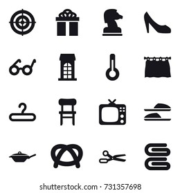 16 vector icon set : target, gift, chess horse, shoes, building, thermometer, curtain, hanger, chair, tv, slippers, pan, scissors, stack of towels