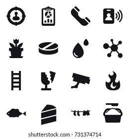 16 vector icon set : target audience, report, phone, pass card, flower, stairs, drying clothe, washing powder