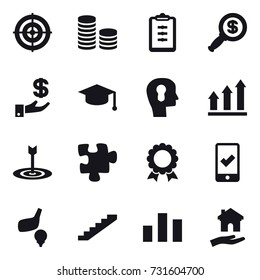 16 vector icon set : target, coin stack, clipboard, dollar magnifier, investment, graduate hat, bulb head, graph up, puzzle, medal, mobile checking, golf, stairs, housing