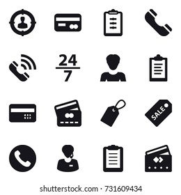 16 vector icon set : target audience, card, clipboard, phone, call, 24/7, woman, credit card, label, sale label