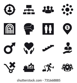 16 vector icon set : target audience, hierarchy, group, round around, fingerprint, virtual mask, wc, dollar pin, stairs, baggage checking, vacuum cleaner, outsource