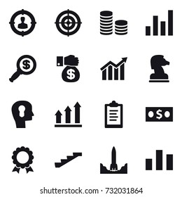 16 vector icon set : target audience, target, coin stack, graph, dollar magnifier, money gift, diagram, chess horse, bulb head, graph up, clipboard, money, medal, stairs