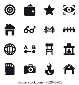 16 vector icon set : target, wallet, star, eye identity, home, bridge, chair, fireplace, barn