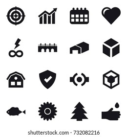 16 vector icon set : target, diagram, calendar, heart, infinity power, bridge, warehouse, 3d, house, flower, spruce, hand drop