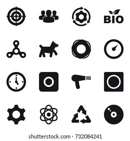 16 vector icon set : target, group, around gear, bio, spinner, dog, lifebuoy, barometer, watch, ring button, hair dryer
