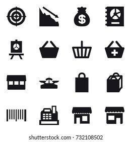 16 vector icon set : target, crisis, money bag, annual report, presentation, basket, add to basket, market, scales, shopping bag, barcode, cashbox, shop
