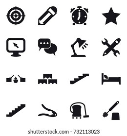 16 vector icon set : target, pencil, alarm clock, star, monitor arrow, discussion, table lamp, pencil wrench, drawbridge, block wall, stairs, bed, walnut crack, vacuum cleaner, toilet brush