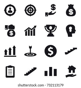 16 vector icon set : target audience, target, investment, money bag, money gift, diagram, trophy, bulb head, graph up, dollar coin, stairs, housing