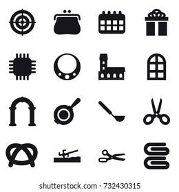 16 vector icon set : target, purse, calendar, gift, chip, necklace, mansion, arch window, arch, pan, ladle, scissors, soil cutter, stack of towels