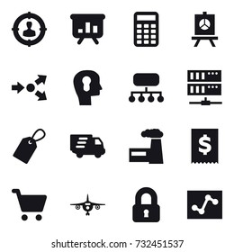 16 vector icon set : target audience, presentation, calculator, core splitting, bulb head, structure, server, label, delivery, factory, plane, locked