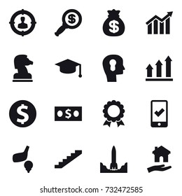 16 vector icon set : target audience, dollar magnifier, money bag, diagram, chess horse, graduate hat, bulb head, graph up, dollar coin, money, medal, mobile checking, golf, stairs, housing
