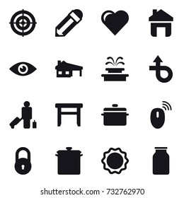 16 vector icon set : target, pencil, heart, home, house with garage, fountain, passenger, stool, pan
