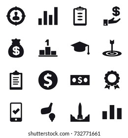 16 vector icon set : target audience, graph, clipboard, investment, money bag, pedestal, graduate hat, target, dollar coin, money, medal, mobile checking, golf