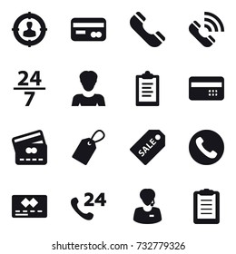 16 vector icon set : target audience, card, phone, call, 24/7, woman, clipboard, credit card, label, sale label