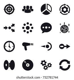 16 vector icon set : target, group, diagram, around gear, core splitting, round around, ballon, disco ball, watch, hair dryer, gears, reload