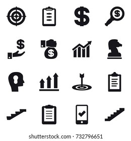 16 vector icon set : target, clipboard, dollar, dollar magnifier, investment, money gift, diagram, chess horse, bulb head, graph up, stairs, mobile checking