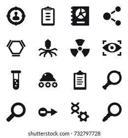16 vector icon set : target audience, clipboard, annual report, molecule, hex molecule, virus, nuclear, eye identity, vial, lunar rover, magnifier