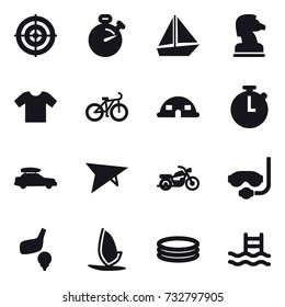 16 vector icon set : target, stopwatch, boat, chess horse, t-shirt, bike, dome house, car baggage, deltaplane, motorcycle, diving mask, golf, windsurfing, inflatable pool, pool