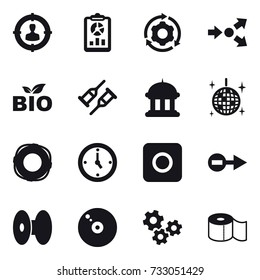 16 vector icon set : target audience, report, around gear, core splitting, bio, goverment house, disco ball, lifebuoy, watch, ring button, gears, toilet paper
