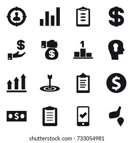 16 vector icon set : target audience, graph, clipboard, dollar, investment, money gift, pedestal, bulb head, graph up, target, dollar coin, money, mobile checking, golf