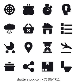 16 vector icon set : target, purse, stopwatch, bulb head, cloud wireless, delete cart, home, list, baby stroller, arrival, pan, package, toilet
