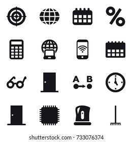 16 vector icon set : target, globe, calendar, percent, calculator, notebook globe, phone wireless, door, watch, kettle, rake