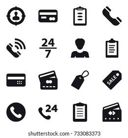 16 vector icon set : target audience, card, clipboard, phone, call, 24/7, woman, credit card, label, sale label