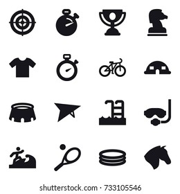 16 vector icon set : target, stopwatch, trophy, chess horse, t-shirt, bike, dome house, stadium, deltaplane, pool, diving mask, surfer, tennis, inflatable pool, horse
