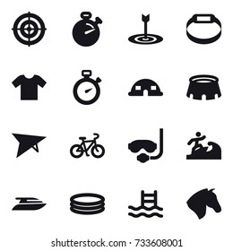 16 vector icon set : target, stopwatch, smart bracelet, t-shirt, dome house, stadium, deltaplane, bike, diving mask, surfer, yacht, inflatable pool, pool, horse