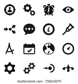 16 vector icon set : target audience, gear, alarm clock, eye, core splitting, ballon, info, draw compass, earth, barometer, hard reach place cleaning