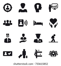 16 vector icon set : target audience, woman, bulb head, presentation, group, pass card, tourist, check in, passenger, skyscrapers cleaning, outsource