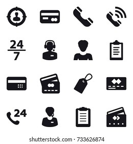 16 vector icon set : target audience, card, phone, call, 24/7, call center, woman, clipboard, credit card, label