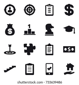 16 vector icon set : target audience, target, clipboard, dollar, money bag, pedestal, chess horse, graduate hat, puzzle, money, stairs, mobile checking, housing
