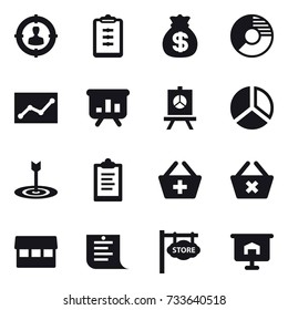 16 vector icon set : target audience, clipboard, money bag, circle diagram, statistic, presentation, diagram, target, add to basket, delete cart, market, shopping list, store signboard