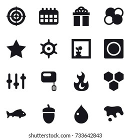 16 vector icon set : target, calendar, gift, atom core, star, handwheel, flower in window, ring button, honeycombs, fish, acorn, drop, spot