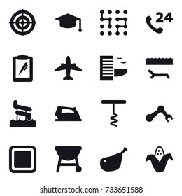 16 vector icon set : target, graduate hat, chip, airplane, hotel, lounger, aquapark, iron, corkscrew, cutting board, corn