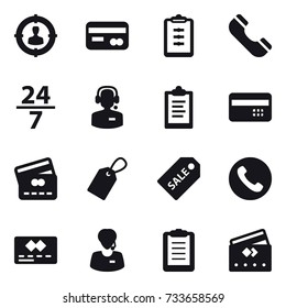 16 vector icon set : target audience, card, clipboard, phone, 24/7, call center, credit card, label, sale label