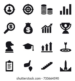 16 vector icon set : target audience, target, coin stack, graph, dollar magnifier, money bag, diagram, trophy, chess horse, graduate hat, graph up, clipboard, golf, stairs