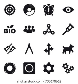 16 Vector Icon Set : Target, Circle Diagram, Alarm Clock, Eye, Bio, Group, Spinner, Drawing Compass, Dog, Lifebuoy, Ring Button, Gears