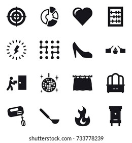 16 Vector Icon Set : Target, Circle Diagram, Heart, Abacus, Lightning, Chip, Shoes, Drawbridge, Disco Ball, Curtain, Dresser, Mixer, Ladle, Hive