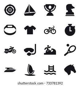 16 vector icon set : target, boat, trophy, chess horse, smart bracelet, t-shirt, bike, motorcycle, diving mask, surfer, tennis, yacht, windsurfing, pool, horse