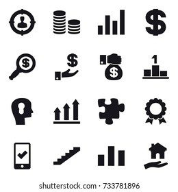 16 vector icon set : target audience, coin stack, graph, dollar, dollar magnifier, investment, money gift, pedestal, bulb head, graph up, puzzle, medal, mobile checking, stairs, housing