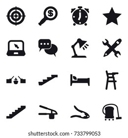 16 vector icon set : target, dollar magnifier, alarm clock, star, notebook, discussion, table lamp, pencil wrench, drawbridge, stairs, bed, Chair for babies, garlic clasp, walnut crack