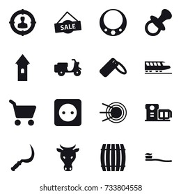 16 vector icon set : target audience, sale, necklace, nipple, tower, train, cart, power socket, sickle, cow, barrel, tooth brush