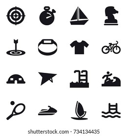 16 vector icon set : target, stopwatch, boat, chess horse, smart bracelet, t-shirt, bike, dome house, deltaplane, pool, surfer, tennis, jet ski, windsurfing