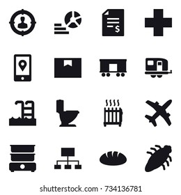 16 vector icon set : target audience, diagram, account balance, trailer, pool, toilet, radiator, hierarchy, bread, bug