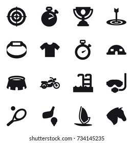 16 vector icon set : target, stopwatch, trophy, smart bracelet, t-shirt, dome house, stadium, motorcycle, pool, diving mask, tennis, golf, windsurfing, horse