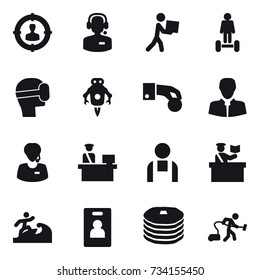 16 vector icon set : target audience, call center, courier, hoverboard, virtual mask, jet robot, hand coin, inspector, surfer, identity card, vacuum cleaner