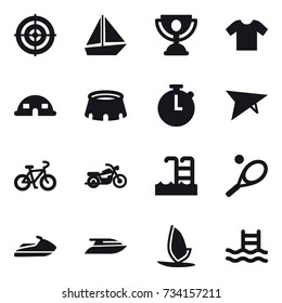 16 vector icon set : target, boat, trophy, t-shirt, dome house, stadium, deltaplane, bike, motorcycle, pool, tennis, jet ski, yacht, windsurfing